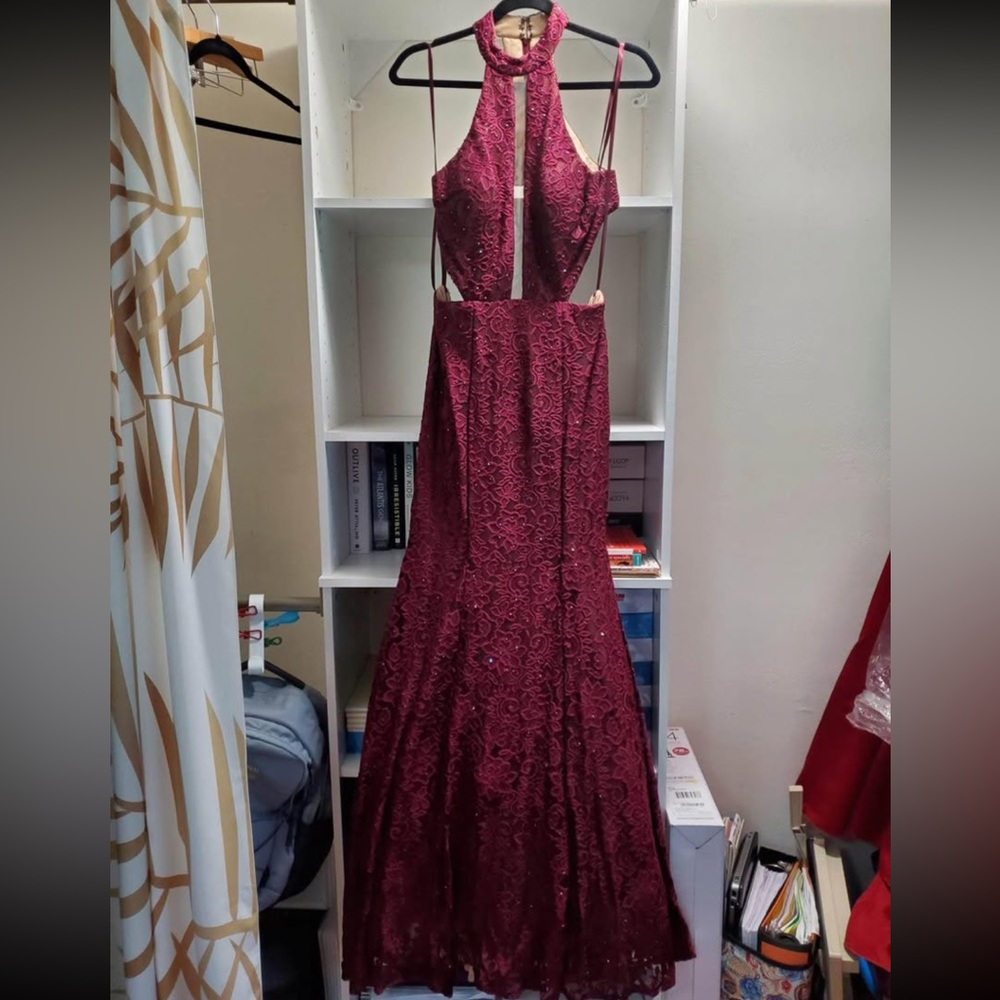 La Femme Red Sequin Halter Gown - Picture 1 of 9